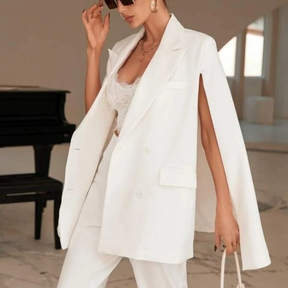 Classy Cape Cloak Sleeved Double Breasted Blazer work  white - Picture 5 of 6